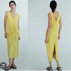 NWOT  Zara Center Ruched Detail V-Neck Wide Straps Yellow Midi Dress